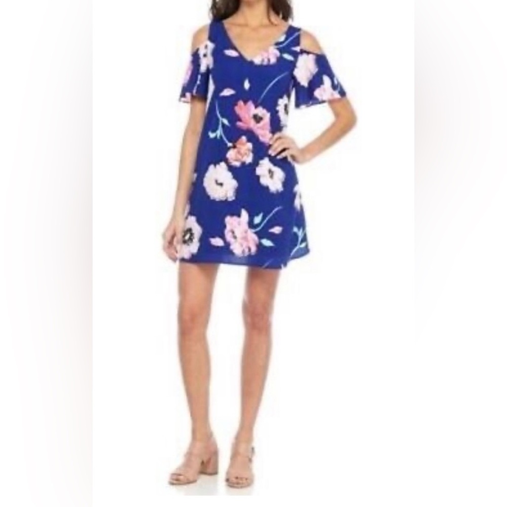 Gorgeous Medium Kaari Blue swing dress with cold shoulders floral print